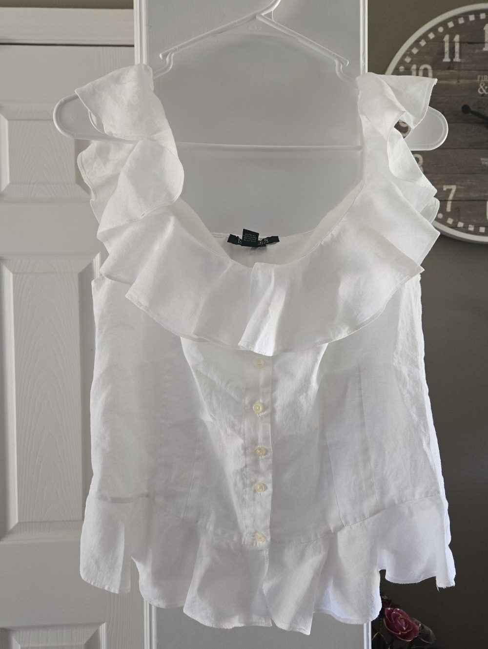 Ralph Lauren White Sleeveless Ruffle Button-Front Top